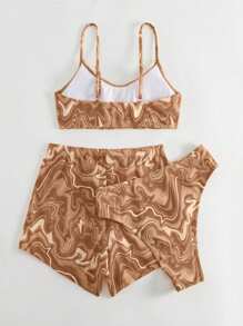 SHEIN Swim 女士大理石印花休闲比基尼套装，适合夏季海滩，配有随机印花罩衫短裤 - 咖啡棕 - 查看 5