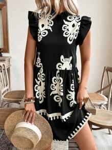 Breezaya 印花荷叶边领喇叭袖宽松蛋糕裙度假海滩装女装 - 黑色 - 查看 5