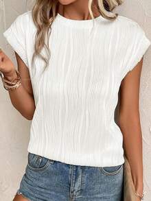 Camiseta de manga corta con cuello redondo y de textura sólida para mujer en verano - Blanco - Ver 5