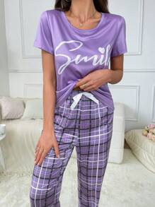 Women's Printed Plaid Casual Pajama Set