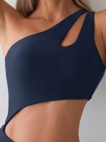 Swim Basics Ladies' Solid Color Asymmetrical Neck Hollow Out One-Piece Swimsuit For Vacation,Summer Beach - Navy Blue - View 4