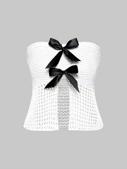 Kawaii Summer Fashion Bow Decoration Split Hollow Knit Vest Top