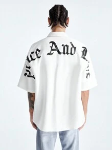 Manfinity RebelGame Men's Printed Loose Short Sleeve Woven Shirt With English Letter Pattern, Suitable For Summer Hip-Hop Style - White - View 3