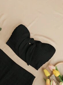 Soleia Summer Solid Texture Bandeau Top And High-Waisted Shorts Casual Vacation Two Pieces Set - Black - View 4