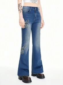 ROMWE Fairycore 女士复古蝴蝶铆钉串珠波西米亚风喇叭牛仔裤 - 藍色 - 查看 4