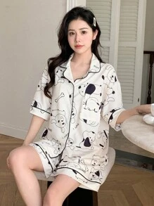 DAZY Của phụ nữ Dễ thương In con chó Viền tương phản Nút phía trước Ngắn tay Áo Và Quần short Bộ mặc nhà - Màu be - Xem 3