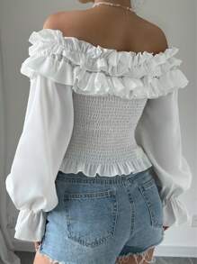 SHEIN Privé Blusa de mujer con hombros descubiertos y ribete de encaje - Blanco - Ver 2