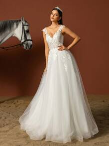 HEARBOBO Elegant Boho Long A-Line With Appliques And Deep V Neck WhiteWedding Dresses For Bride - White - View 4