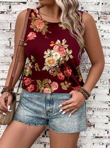 EMERY ROSE Summer Casual Flower Pattern Jumpsuit, Plus Size Women's Tank Top And Top