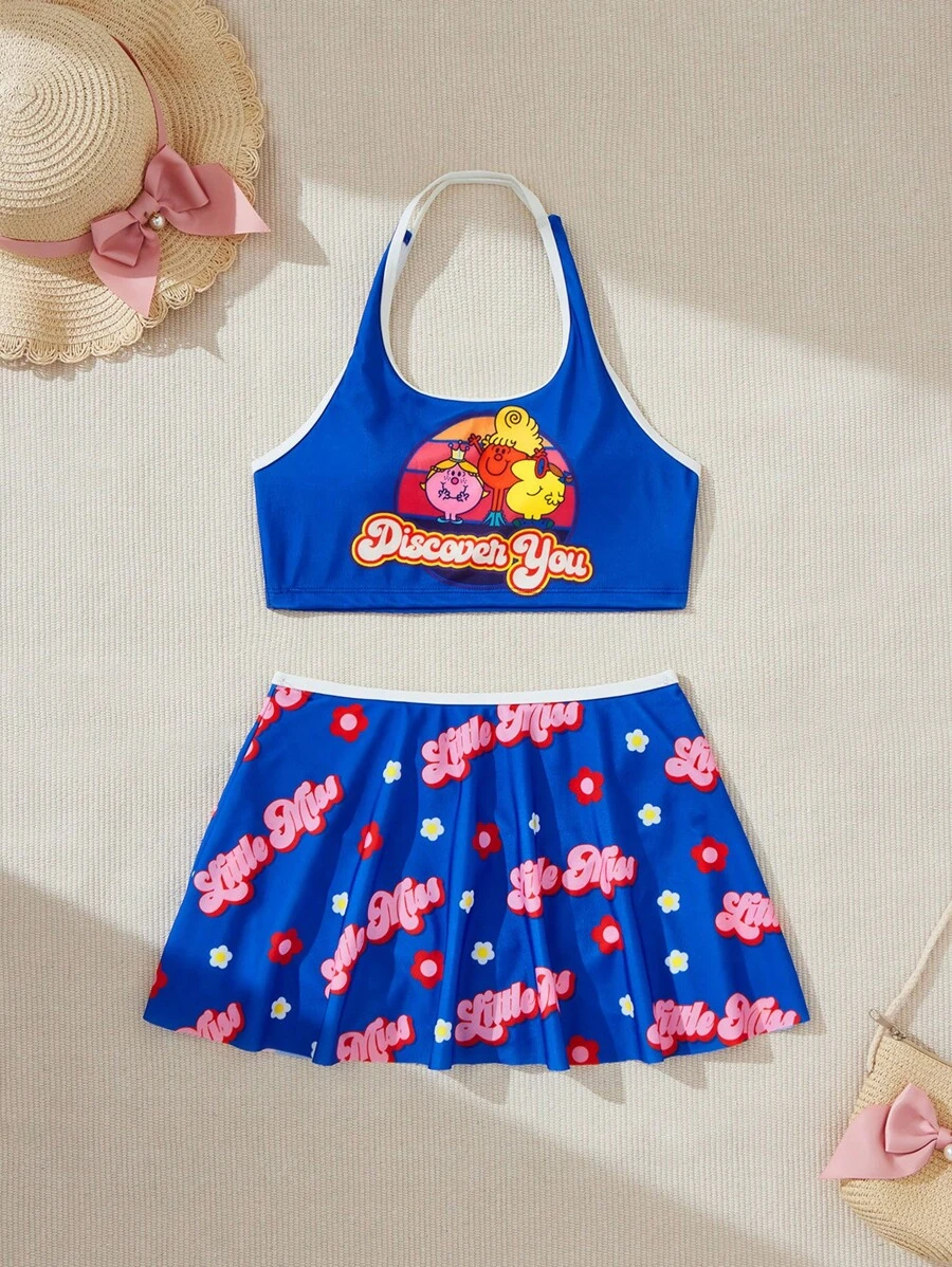 Mr Men Little Miss X SHEIN Tween Girl Cartoon And Letter Graphic Ringer Halter Neck Bikini Set, Summer Beach