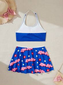 Mr Men Little Miss X SHEIN Tween Girl Cartoon And Letter Graphic Ringer Halter Neck Bikini Set, Summer Beach