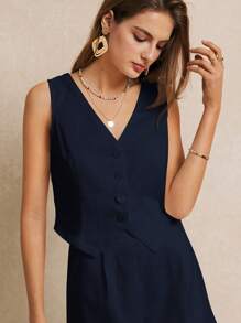 Poéselle 夏季度假婚礼季，休闲波西米亚风纯色简约垂坠V领无袖西装外套，饰有装饰纽扣细节，优雅浪漫，可爱上衣，短款女士，必备夏季服装，婚礼季必备，秋冬田园风 - 藏蓝色 - 查看 5