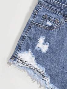 SHEIN EZwear 女士牛仔短褲，破壞口袋和鬆散邊緣設計，休閒風格 - 深色水洗藍 - 查看 4