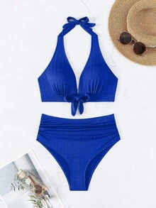 女士實色露背頸帶性感比基尼套裝，適用於度假 - 藍色 - 查看 5