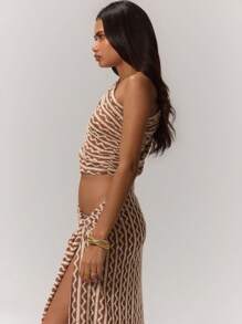 MUSERA 纹理条纹不对称领口上衣，适合夏季伊比沙岛音乐节 - 棕色 - 查看 4