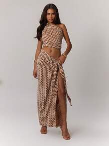 MUSERA 纹理条纹不对称领口上衣，适合夏季伊比沙岛音乐节 - 棕色 - 查看 5