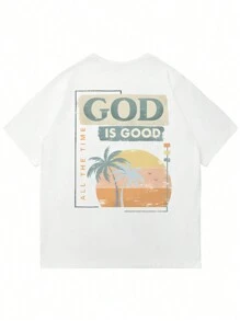 Plus Size Men's Summer Slogan & Palm Tree Graphic Round Neck Short Sleeve Casual T-Shirt - White - View 3