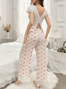 CottageSlumber V领短袖花卉印花露背上衣和提花裤睡衣套装睡衣套装白色套装节日季 - 白色 - 查看 2