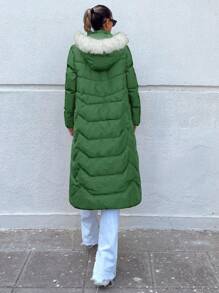 EURMUSE Solid Zip Up Fuzzy Trim Hooded Padded Coat - Green - View 2
