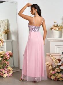 SHEIN Belle Váy lưới đính sequin thời trang mùa hè xẻ tà và dây mảnh - Bụi hồng - Xem 2
