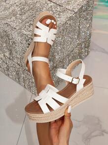 Sandalias de cuña de cuerda blanca para mujer con suela de zapato de lona, correa de tobillo y plataforma gruesa, estilo para vacaciones - Blanco - Ver 2