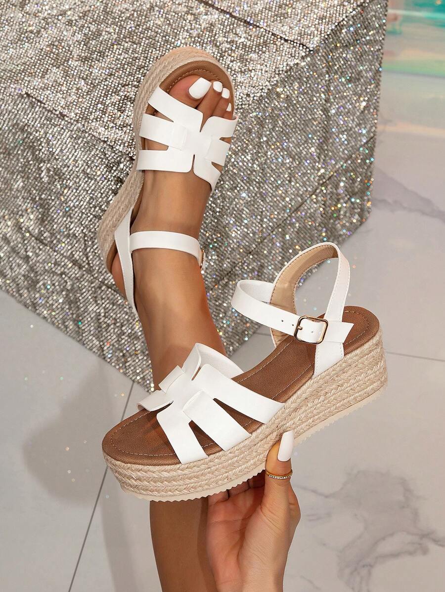 Sandalias de cuña de cuerda blanca para mujer con suela de zapato de lona, correa de tobillo y plataforma gruesa, estilo para vacaciones