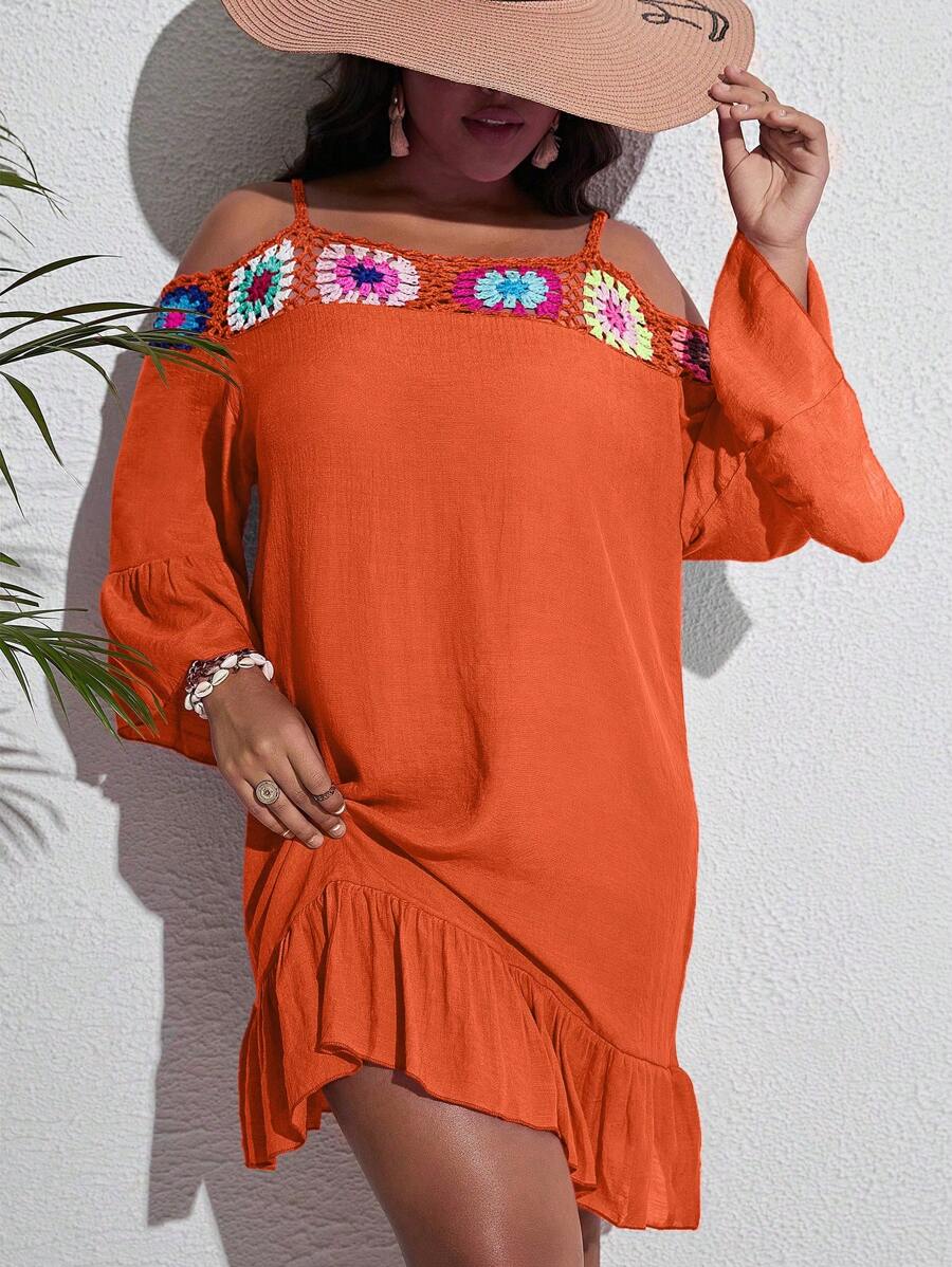 SHEIN Swim Curve 大尺碼擴口袖開肩花卉假期休閒遮陽衣 - 亮橙色 - 查看 1