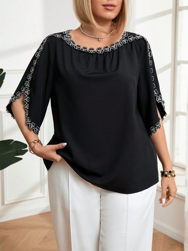 Plus Size Round Neck Split Sleeve Simple Summer Shirt