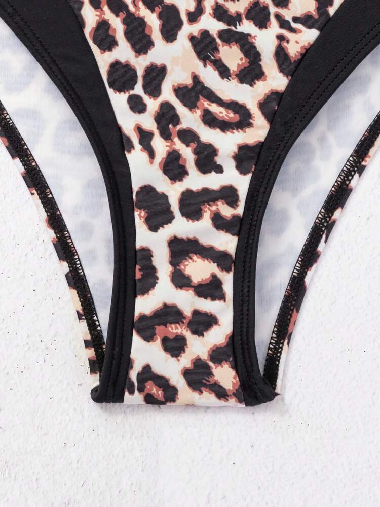 Women's Leopard Print Splice Bikini Set With Twist Front Detail, 2pcs/Set, For Vacation Summer