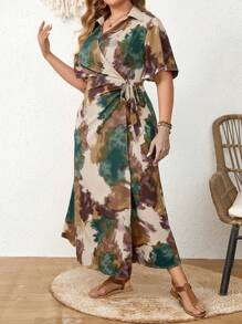 Modelyn Vestido largo de verano con estampado de teñido anudado de talle alto con volantes en las mangas cortas para mujeres de talla grande, vestido de noche largo para mujer