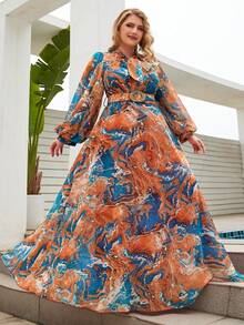 Váy tay đèn lồng cổ chữ V nhỏ có khóa trang trí thắt lưng và viền xòe, kín đáo - trái cam - Xem 3