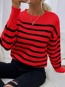 EURMUSE Women's Heart Embroidery Striped Sweater Pullover - Hot Pink - View 1