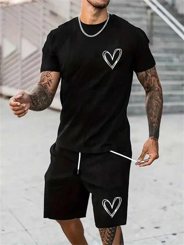 Men's Casual 'Love' Letter Printed T-Shirt And Shorts Set For Outings