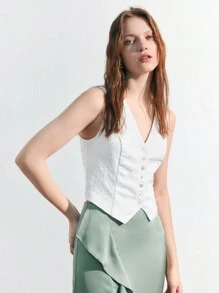 Maija Women Summer Casual Solid Textured Single-Breasted Suit Vest - Beige - View 6