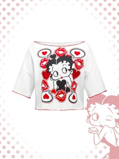 Betty Boop | ROMWE Camiseta de verano para mujer con ajuste casual, hombros caídos y ribete con vuelo en contraste con impresión de personajes de dibujos animados, corazones y lunares
