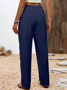 EMERY ROSE Women's Casual Daily Button Design Long Pants - Navy Blue - View 2