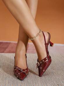 Zapatos de tacón alto con puntera puntiaguda de cuero patentado burdeos de moda para mujer, Otoño/Invierno 2025, con hebilla decorativa y correa trasera, zapatos elegantes para mujer, tacones elegantes - Burdeos - Ver 5