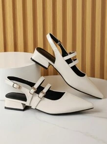 2025 秋季女士尖头低跟粗跟露趾凉鞋，黑色，穆勒玛丽珍款 - 糯米白色 - 查看 5