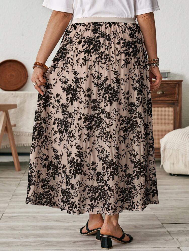 Jupe longue élégante imprimée fleurie en dentelle pour femme grande taille, idéale pour les tenues de professeur