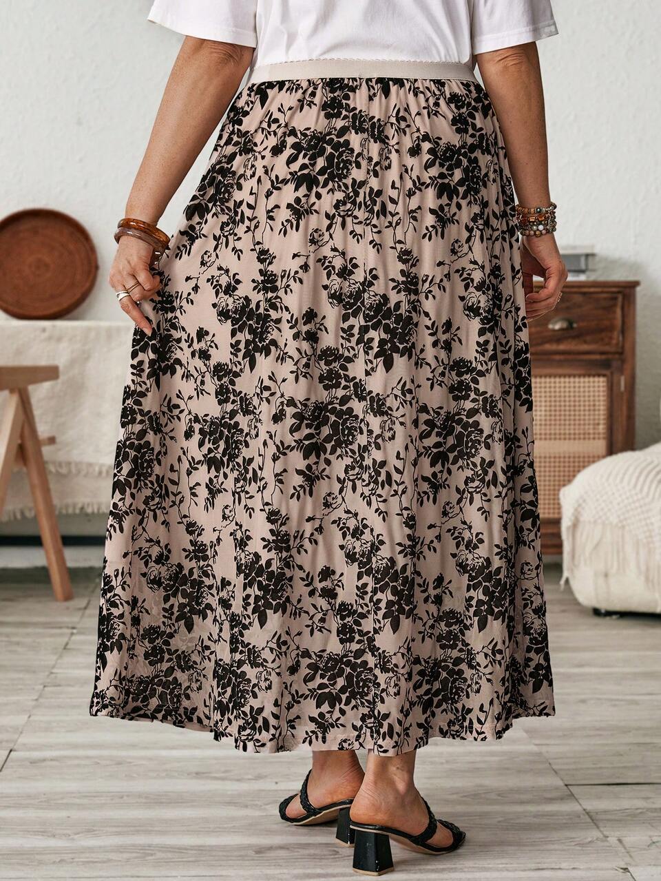 Plus Size Women's Teacher Clothes Floral Allover Lace Print Long Casual Elegant Skirt