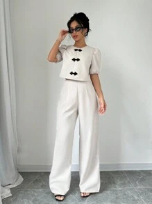 Selianne Women's Elegant Two-Piece Set: Round Neck Short Puff Sleeve Chinese Style Blouse And Pants, Summer - Apricot - View 4