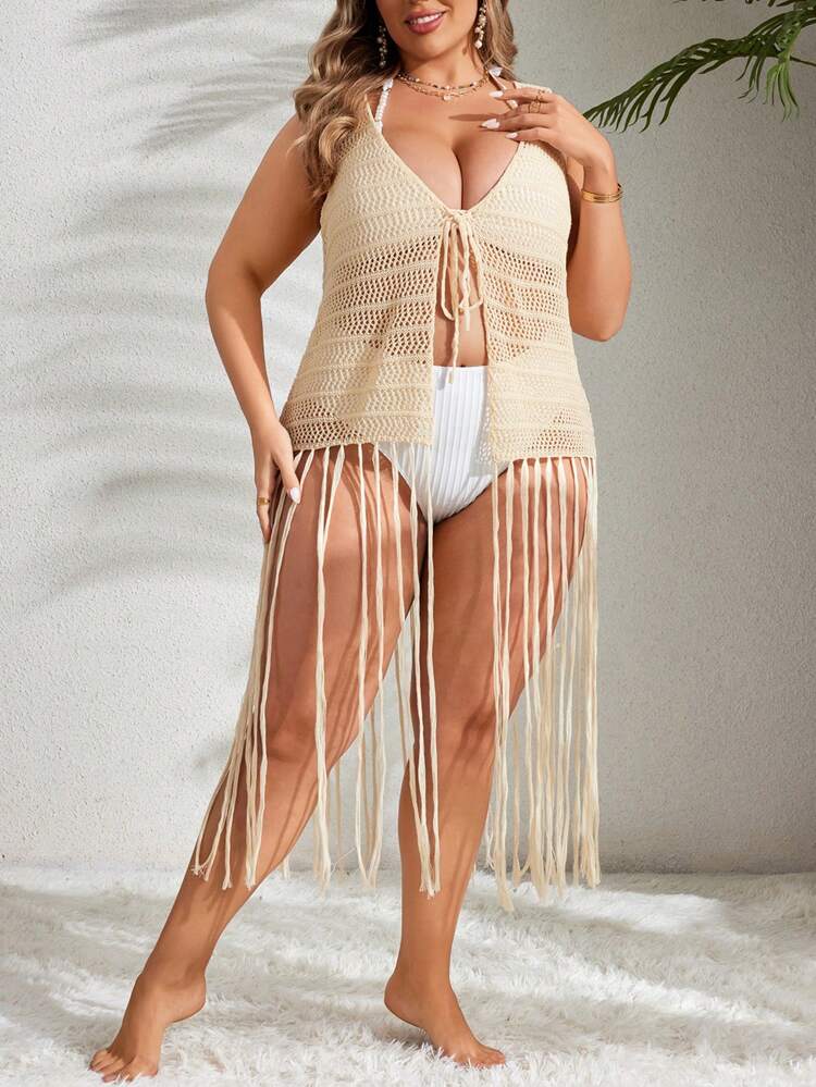 Plus Size Women's Hollow Out Solid Color Front Tie Tassel Hem Sleeveless Kimono For Vacation,Summer Beach