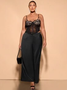 SHEIN BAE Plus Size Women's Elegant Solid Color Split Hem Dress Pants - Black - View 4