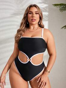 SHEIN Swim Curve Plus Size Women's Hollow Out Waist One-Piece Swimsuit With Fringe Trim, Perfect For Vacation,Summer Beach - Black - View 5