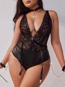 Plus Size Women's Solid Color Dark Punk Style Sexy Lingerie With Metal Chains