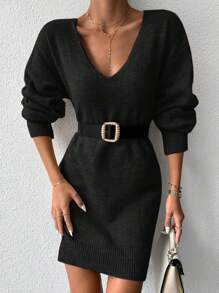 EURMUSE Drop Shoulder Sweater Dress Without Belt - Black - View 4
