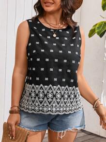 SHEIN Clasi 大尺碼度假和休閒風刺繡上衣 - 黑色 - 查看 4