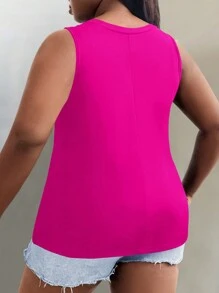 SHEIN LUNE Camiseta casual de mujer de talla grande para verano con cuello redondo y estampado de letras y palmeras - Rosa Fucsia - Ver 2