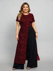 SHEIN Lady Mono de manga corta con estampado de leopardo de moda para mujeres de talla grande - Burdeos - Ver 6