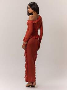 MUSERA Mesh Frill Detail Maxi Dress, For Wedding Guest, Summer, Elegant - Coral Orange - View 2
